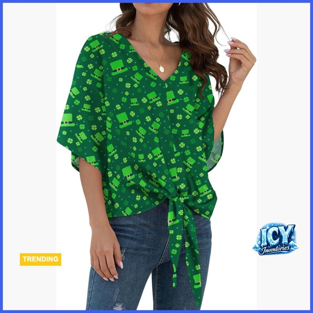 Chiffon Blouse with V Neck and Tie Front, Batwing Sleeve Summer Top